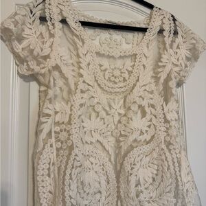 Vintage Cream Cropped Cap Sleeve Embellished Blouse
